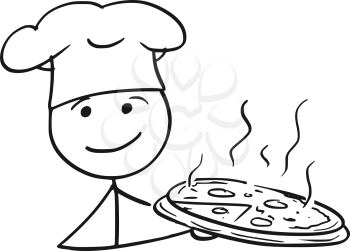 Cartoon vector stick man stickman drawing of male cook chef in chefs hat holding plate tray with pizza.