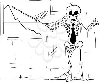 Cartoon illustration of human skeleton of dead businessman, clerk; salesman or manager pointing at profit graph and showing thumbs up gesture.