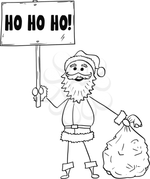 Cartoon drawing illustration of Christmas Santa Claus holding bag of gifts and Ho Ho Ho words sign.