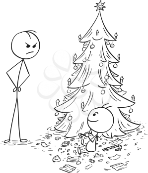 Cartoon stick man drawing illustration of baby eat up all sweet candy from the Christmas tree without parent permission, father looking at him or her.