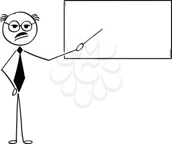 Cartoon stick man illustration of old bald and moustache business man businessman teacher professor pointing at empty sign or board. 