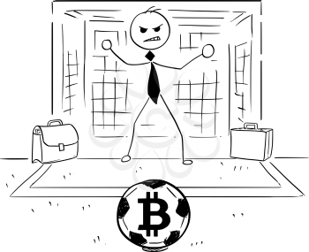 Conceptual cartoon vector illustration of stick man businessman as football soccer goal keeper goalie ready to catch the ball with bitcoin sign.