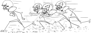 Cartoon stick man drawing illustration of american football player running with ball pursued by defenders