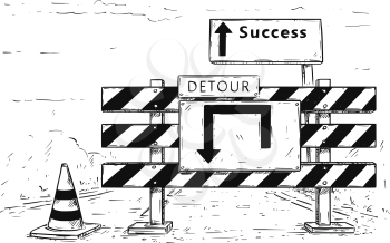 Vector cartoon drawing of road traffic block stop detour with success sign boards.