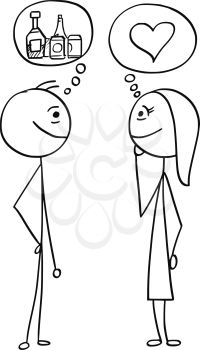 Cartoon stick man drawing illustration of difference between man and woman talking about alcohol drink drinking and love heart symbol.