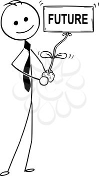 Cartoon stick man drawing conceptual illustration of businessman care about plant in his hand. Plant blooming flower as future text sign. Concept of investment, startup and success.