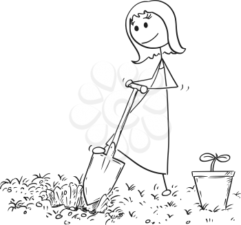 Cartoon stick man drawing illustration of gardener on garden digging a hole for plant with shovel or spade.