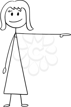 Cartoon stick man drawing conceptual illustration of businesswoman or woman pointing left.