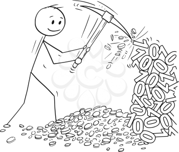 Cartoon stick man drawing conceptual illustration of mining cryptocurrency by pickax or pick from rock made from binary zero and one numbers.