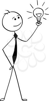 Cartoon stick man drawing conceptual illustration of businessman holding shining glowing light bulb in hand. Business concept of idea.