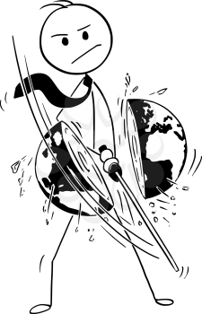 Cartoon stick man drawing conceptual illustration of samurai businessman with katana sword cutting world or earth globe. Concept of global worldwide business.