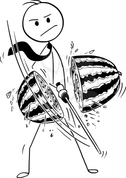 Cartoon stick man drawing conceptual illustration of samurai businessman with katana sword cutting water melon. Business concept of problem solution.