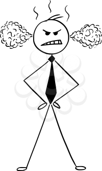 Cartoon stick man drawing conceptual illustration of businessman or manager standing angry and steam or smoke coming from his head or ears.