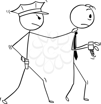 Cartoon stick man drawing conceptual illustration of businessman arrested by policeman. Business concept of crime and punishment.