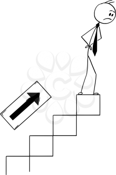 Cartoon stick man drawing conceptual illustration of confused businessman standing on end of stairs but still not on top. Business concept of success, career and failure.