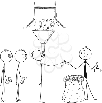Cartoon stick man drawing conceptual illustration of pharmaceutic business metaphor. Businessman is selling large amount of drugs to everyone for his big profit.