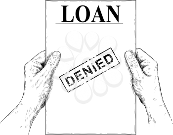 Vector artistic pen and ink drawing illustration of hands holding loan application document with denied text. Business concept of bad credit.
