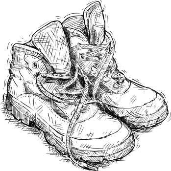 Vector artistic pen and ink hand drawing illustration of pair of worn hiking boots.