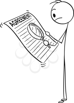 Cartoon stick man drawing conceptual illustration of upset businessman reading agreement with magnifying glass to find small text or hidden conditions.