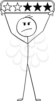 Cartoon stick man drawing conceptual illustration of angry businessman holding two stars of five rating.