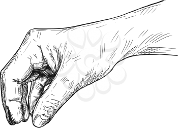 Vector artistic pen and ink drawing illustration of hand holding something small between pinch fingers.