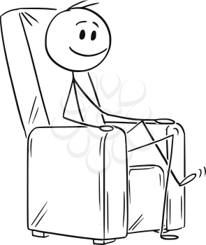 Cartoon stick drawing conceptual illustration of happy man or businessman sitting in armchair.