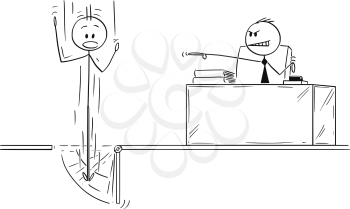 Cartoon stick drawing conceptual illustration of employee who is fired or dismissed from work by his boss and is falling though trapdoor activated by manager.