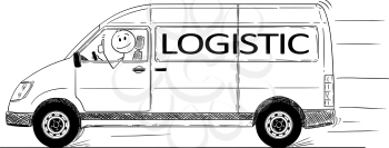 Cartoon stick drawing conceptual illustration of driver of fast driving generic delivery van with logistic text showing thumbs up gesture.