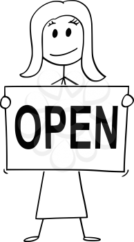 Cartoon stick man drawing conceptual illustration of woman or businesswoman holding large sign with open text.