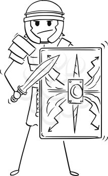 Cartoon stick man drawing conceptual illustration of ancient roman legionary or legionnaire warrior soldier.