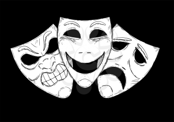 Vector artistic pen and ink drawing illustration of angry, happy and sad comedy mask on black background.