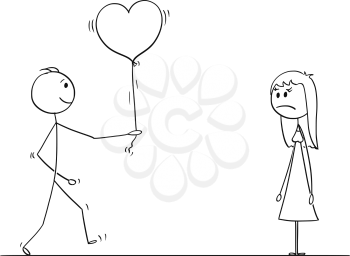 Cartoon stick drawing conceptual illustration of loving man or boy in love giving heart shaped balloon to woman or girl on date as gift or present. She is unhappy.