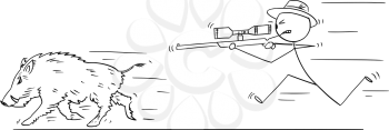 Cartoon stick drawing conceptual illustration of hunter with scoped rifle hunting wild boar or swine.