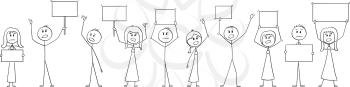 Cartoon stick figure isolated drawing or illustration of group or crowd of protesters protesting with empty signs ready for your text.