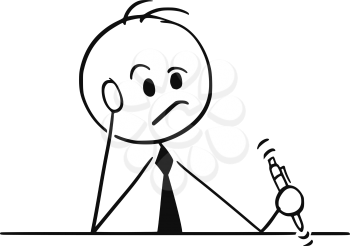 Cartoon stick figure drawing conceptual illustration of businessman sitting behind table and thinking hard with pen in hand.