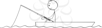 Cartoon stick figure drawing conceptual illustration of fisherman fishing on dory or small boat on calm water.