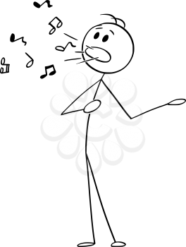 Vector cartoon stick figure drawing conceptual illustration of man or singer singing with musical notes coming from his mouth.