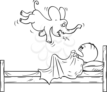 Vector cartoon stick figure drawing conceptual illustration of frightened man in bed hiding from his nightmare elephant monster.