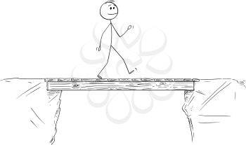 Vector cartoon stick figure drawing conceptual illustration of man or businessman walking and crossing the bridge.