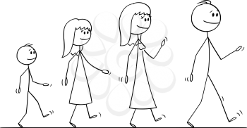 Vector cartoon stick figure drawing conceptual illustration of walking family on trip of man, woman, girl and boy or father, mother, daughter and son.