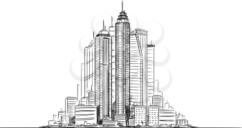 Vector artistic sketchy pen and ink drawing illustration of generic city high rise cityscape with high skyscraper buildings in center.