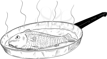Cartoon drawing illustration of fish food cooked on frying pan.