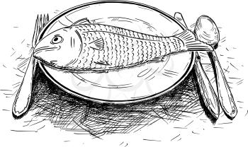 Cartoon drawing illustration of fish food on dinner plate.