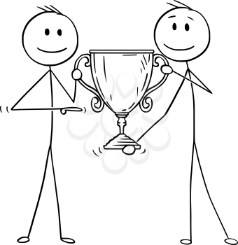 Cartoon stick figure drawing conceptual illustration of two men or businessmen holding together trophy cup for winner. Business concept of success and competition.