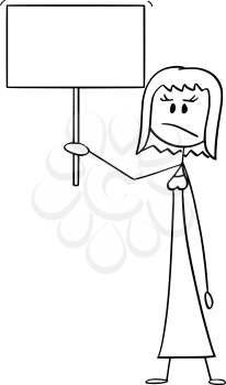 Vector cartoon stick figure drawing conceptual illustration of angry woman or businesswoman holding empty or blank sign ready for your text.