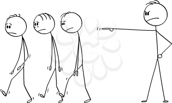 Vector cartoon stick figure drawing conceptual illustration of boss or businessman firing out or expelling away.