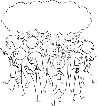 Vector cartoon stick figure drawing conceptual illustration of set of group of people or pedestrians walking on the street, and using mobile phones or cell phones and thinking together on something.