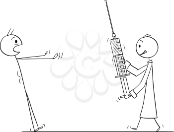 Cartoon stick figure drawing conceptual illustration of man stunned in panic looking at doctor coming with big injection or syringe. Concept of healthcare or vaccination.