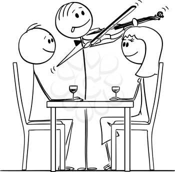 Cartoon stick figure drawing conceptual illustration of loving couple of man and woman sitting behind table in restaurantwhile violinist is playing romantic music.