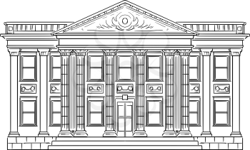 Vector black and white drawing of bank building in classic style with columns as metaphor of stability, money, finance and investment.